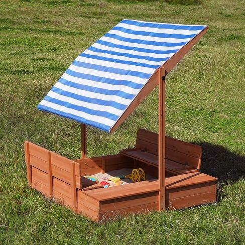 Kids Wooden Outdoor Sandbox with Cover，Sand Boxes with Canopy and Foldable Storage Bench Seats, Sand Table with Protection Bottom Liner,Kids Play Equipment for Outdoor(47X47Inch Brown) in Kuwait