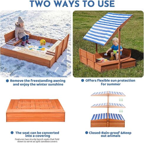 Kids Wooden Outdoor Sandbox with Cover，Sand Boxes with Canopy and Foldable Storage Bench Seats, Sand Table with Protection Bottom Liner,Kids Play Equipment for Outdoor(47X47Inch Brown) in Kuwait