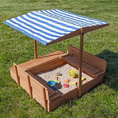 Kids Wooden Outdoor Sandbox with Cover，Sand Boxes with Canopy and Foldable Storage Bench Seats, Sand Table with Protection Bottom Liner,Kids Play Equipment for Outdoor(47X47Inch Brown) in Kuwait