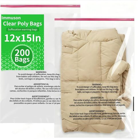 200 Count 12"x15" Cellophane Poly Bags, Self Seal Clear Plastic Bags with Suffocation Warning for Clothing, T-Shirts, Photos & Documents, Resealable Adhesive in Kuwait