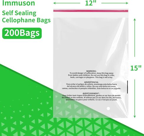 200 Count 12"x15" Cellophane Poly Bags, Self Seal Clear Plastic Bags with Suffocation Warning for Clothing, T-Shirts, Photos & Documents, Resealable Adhesive in Kuwait