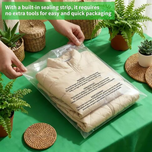 200 Count 12"x15" Cellophane Poly Bags, Self Seal Clear Plastic Bags with Suffocation Warning for Clothing, T-Shirts, Photos & Documents, Resealable Adhesive in Kuwait