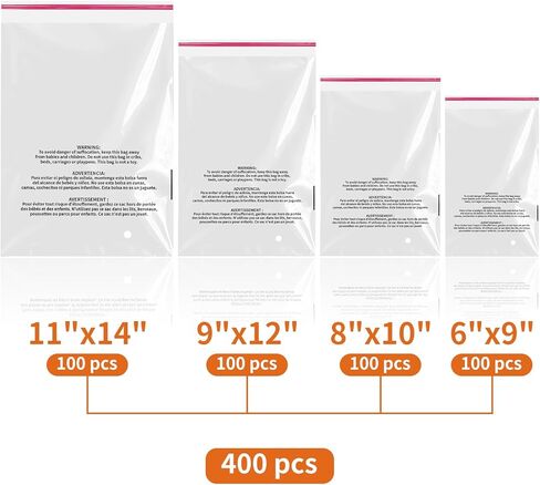 أكياس بولي من RBHK عدد 400 مع تحذير من الاختناق - 6x9، 8x10، 9x12، 11x14 بوصة، حقيبة تحذير ذاتية الغلق، حقيبة شحن قابلة للإغلاق للملابس، التعبئة والتغليف - أكياس السيلوفان ذاتية الغلق in Kuwait