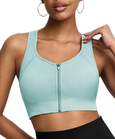 BRXL Front Zip Sports Bra Seamless Sewn in Pads Racerback Wide Straps Medium Impact for Running Yoga Gym in Saudi Arabia