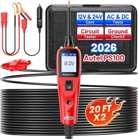جهاز اختبار دائرة السيارات Autel PowerScan PS100، مجموعة مسبار دائرة الطاقة 12 فولت - 24 فولت مع مصباح يدوي، مقاومة جهد التيار المتردد/التيار المستمر، مكتشف قصير مفتوح، تنشيط المكونات، سلك تمديد 20 قدم لجميع السيارات in Saudi Arabia