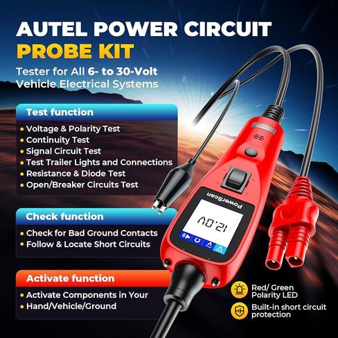 جهاز اختبار دائرة السيارات Autel PowerScan PS100، مجموعة مسبار دائرة الطاقة 12 فولت - 24 فولت مع مصباح يدوي، مقاومة جهد التيار المتردد/التيار المستمر، مكتشف قصير مفتوح، تنشيط المكونات، سلك تمديد 20 قدم لجميع السيارات in Saudi Arabia