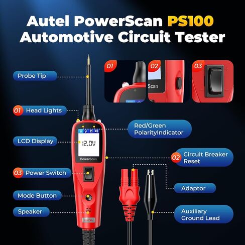 جهاز اختبار دائرة السيارات Autel PowerScan PS100، مجموعة مسبار دائرة الطاقة 12 فولت - 24 فولت مع مصباح يدوي، مقاومة جهد التيار المتردد/التيار المستمر، مكتشف قصير مفتوح، تنشيط المكونات، سلك تمديد 20 قدم لجميع السيارات in Saudi Arabia