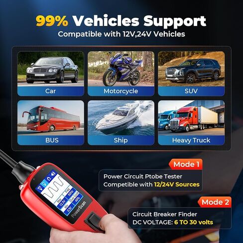 جهاز اختبار دائرة السيارات Autel PowerScan PS100، مجموعة مسبار دائرة الطاقة 12 فولت - 24 فولت مع مصباح يدوي، مقاومة جهد التيار المتردد/التيار المستمر، مكتشف قصير مفتوح، تنشيط المكونات، سلك تمديد 20 قدم لجميع السيارات in Saudi Arabia