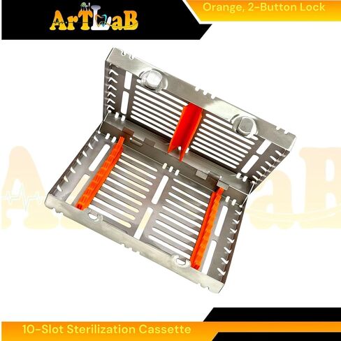 1 Each - Autoclave Sterilization Cassette Box for 10 Instruments, 7" x 5.5" x 1.25", with Detachable Lid, 2-Button Lock, Orange Silicone Inserts - for Dental & Veterinary Instruments in Saudi Arabia