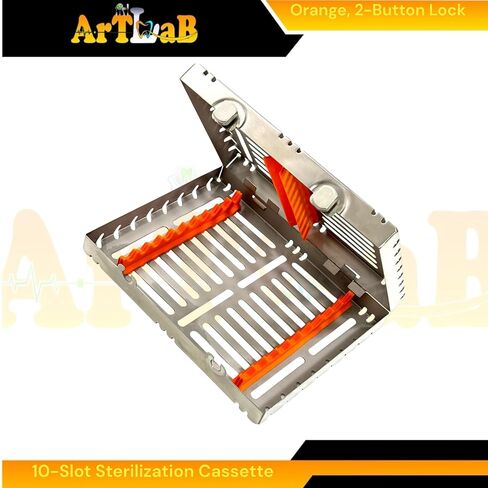 1 Each - Autoclave Sterilization Cassette Box for 10 Instruments, 7" x 5.5" x 1.25", with Detachable Lid, 2-Button Lock, Orange Silicone Inserts - for Dental & Veterinary Instruments in Saudi Arabia