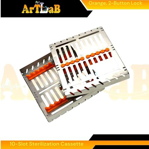 1 Each - Autoclave Sterilization Cassette Box for 10 Instruments, 7" x 5.5" x 1.25", with Detachable Lid, 2-Button Lock, Orange Silicone Inserts - for Dental & Veterinary Instruments in Saudi Arabia