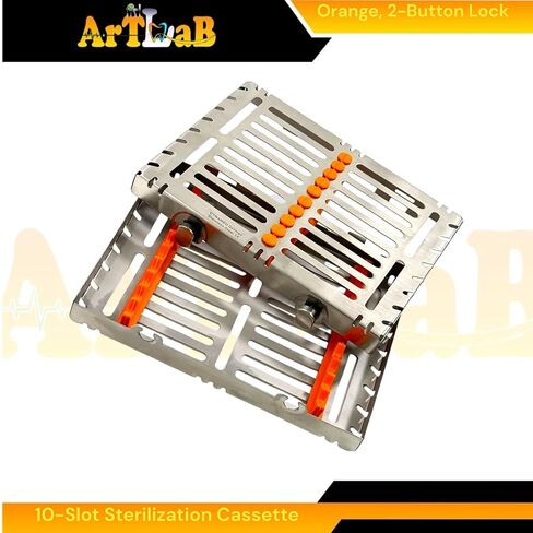 1 Each - Autoclave Sterilization Cassette Box for 10 Instruments, 7" x 5.5" x 1.25", with Detachable Lid, 2-Button Lock, Orange Silicone Inserts - for Dental & Veterinary Instruments in Saudi Arabia