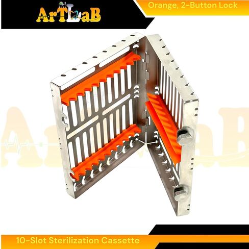 1 Each - Autoclave Sterilization Cassette Box for 10 Instruments, 7" x 5.5" x 1.25", with Detachable Lid, 2-Button Lock, Orange Silicone Inserts - for Dental & Veterinary Instruments in Saudi Arabia