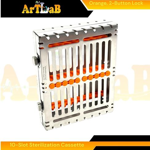 1 Each - Autoclave Sterilization Cassette Box for 10 Instruments, 7" x 5.5" x 1.25", with Detachable Lid, 2-Button Lock, Orange Silicone Inserts - for Dental & Veterinary Instruments in Saudi Arabia