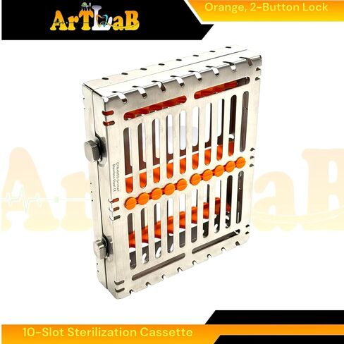 1 Each - Autoclave Sterilization Cassette Box for 10 Instruments, 7" x 5.5" x 1.25", with Detachable Lid, 2-Button Lock, Orange Silicone Inserts - for Dental & Veterinary Instruments in Saudi Arabia