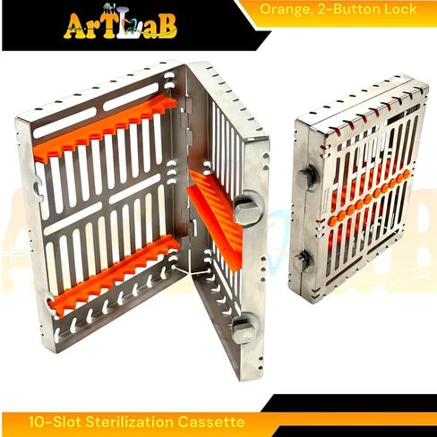 1 Each - Autoclave Sterilization Cassette Box for 10 Instruments, 7" x 5.5" x 1.25", with Detachable Lid, 2-Button Lock, Orange Silicone Inserts - for Dental & Veterinary Instruments in Saudi Arabia