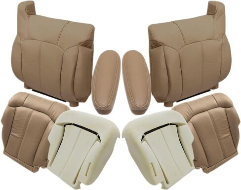 Secosautoparts Driver & Passenger Side Bottom & Top Lean Back & Foam Cushion & Armrest Leather Course Covers Med Tan متوافق مع Chevy Silverado 1500 2500 1999 2000 2001 2002 in Saudi Arabia