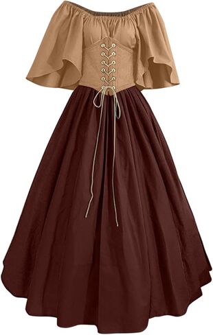 NATHGAM Women's Plus Size Victorian Dress Flare Sleeve Ruffle Hem Medieval Vintage Dresses with Corset Patchwork Ball Gown in Saudi Arabia