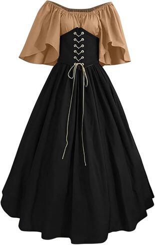 NATHGAM Women's Plus Size Victorian Dress Flare Sleeve Ruffle Hem Medieval Vintage Dresses with Corset Patchwork Ball Gown in Saudi Arabia