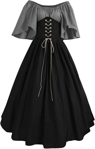 NATHGAM Women's Plus Size Victorian Dress Flare Sleeve Ruffle Hem Medieval Vintage Dresses with Corset Patchwork Ball Gown in Saudi Arabia