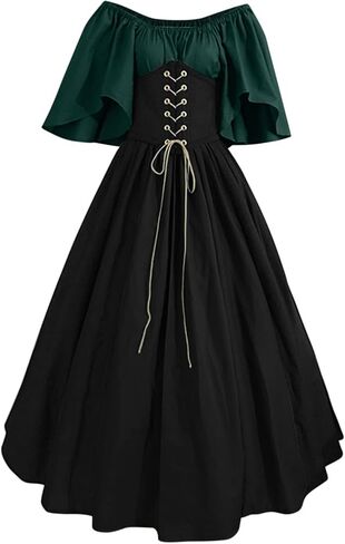 NATHGAM Women's Plus Size Victorian Dress Flare Sleeve Ruffle Hem Medieval Vintage Dresses with Corset Patchwork Ball Gown in Saudi Arabia