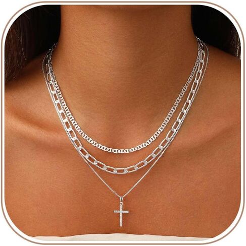 Layered Gold Cross Necklaces for Women, Stack Stackable 14K Gold/Silver Plated Cubic Zirconia Pendant Necklace Set Dainty Choker Layering Necklaces for Women Faith Jewelry Religious Gift in Saudi Arabia