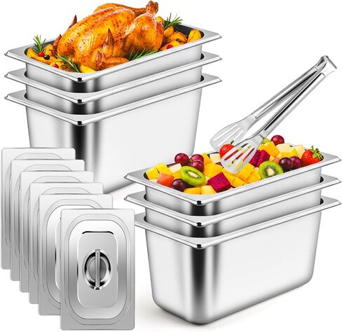 APREUTY 6 Packs Hotel Pans with Lids, 1/3 Size 6 Inch Deep Stainless Steel Steam Table Pan with Lid, Anti-Jam Metal Food Storage Containers with 1 Clip for Home, Party, Hotel, Buffet in Saudi Arabia
