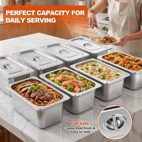 APREUTY 6 Packs Hotel Pans with Lids, 1/3 Size 6 Inch Deep Stainless Steel Steam Table Pan with Lid, Anti-Jam Metal Food Storage Containers with 1 Clip for Home, Party, Hotel, Buffet in Saudi Arabia