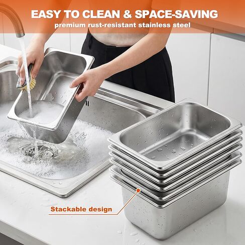 APREUTY 6 Packs Hotel Pans with Lids, 1/3 Size 6 Inch Deep Stainless Steel Steam Table Pan with Lid, Anti-Jam Metal Food Storage Containers with 1 Clip for Home, Party, Hotel, Buffet in Saudi Arabia