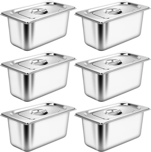 APREUTY 6 Packs Hotel Pans with Lids, 1/3 Size 6 Inch Deep Stainless Steel Steam Table Pan with Lid, Anti-Jam Metal Food Storage Containers with 1 Clip for Home, Party, Hotel, Buffet in Saudi Arabia