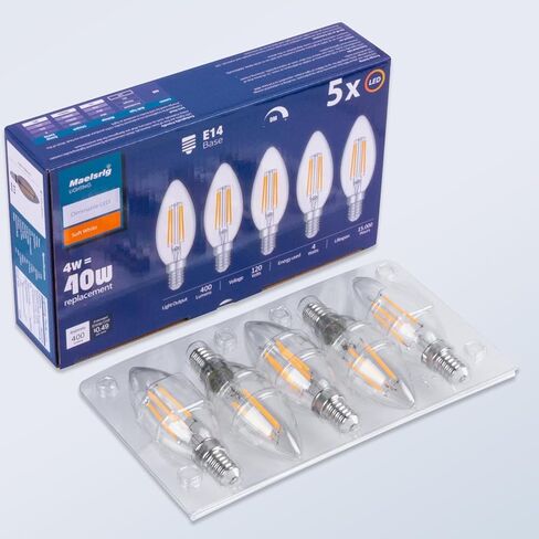 لمبة Maelsrlg E14 LED قابلة للتعتيم، ما يعادل 40 وات، زجاج شفاف فتيل، 4 وات 400 لومن، أبيض ناعم 2700 كلفن، E14 مصابيح إضاءة بقاعدة أوروبية، حزمة من 5 in Kuwait