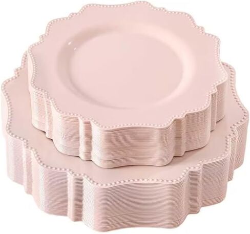 COLOSUS 60 Pack Pink Plastic Plates Set for 30 Guest,Pink Party Plates,Heavy Duty Pink Plates,include 30 Dinner plates& 30 Salad/Dessert plates for Party,Spring,Wedding,Birthday,Valentines,Easter Day in Saudi Arabia