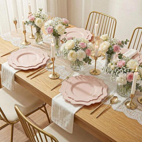 COLOSUS 60 Pack Pink Plastic Plates Set for 30 Guest,Pink Party Plates,Heavy Duty Pink Plates,include 30 Dinner plates& 30 Salad/Dessert plates for Party,Spring,Wedding,Birthday,Valentines,Easter Day in Saudi Arabia