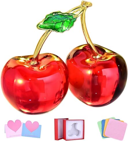 Double Crystal Cherry Figurine-Sparkling Glass Fruit Paperweight & Tabletop Decor-Elegant Home Office Centerpiece for Kitchen, Living Room, Wedding&Christmas Gift (Red Collectible Ornaments in Saudi Arabia