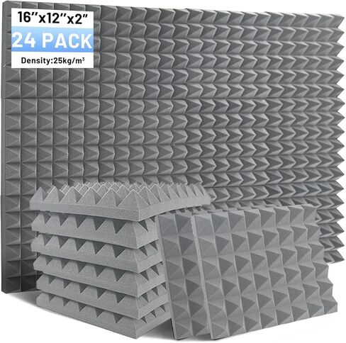 Focusound 24 حزمة من ألواح الرغوة المقاومة للصوت للجدران، 12 بوصة × 16 بوصة × 2 بوصة من ألواح الرغوة الصوتية الهرمية عالية الكثافة لتقليل الضوضاء لوحات جدارية عازلة للصوت للعبة استوديو المكتب in Kuwait