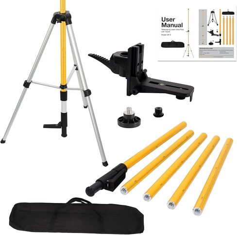 عمود مستوى الليزر المتداخل بطول 12 قدمًا مع حامل ثلاثي القوائم - حامل ليزر قابل للتعديل مع محول خيط مزدوج (1/4 بوصة -20 و5/8 بوصة -11) لليزر الدوار والخط، يتضمن حقيبة حمل ومستوى الفقاعات (أسود وأحمر) in Kuwait
