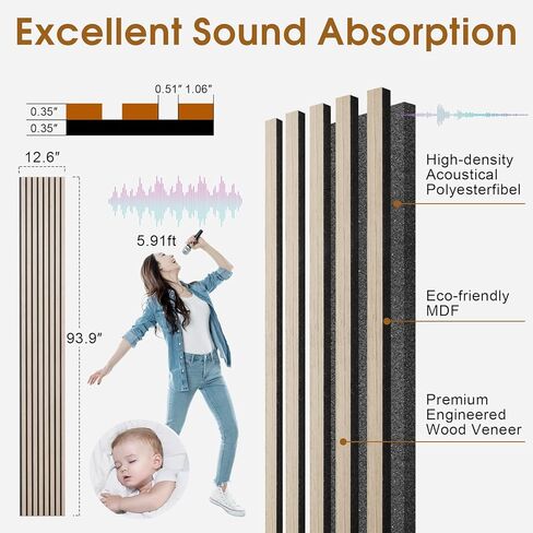 Acoustic Wood Slat Wall Panels, Soundproof Paneling for Interior Wall Decor, Modern Design 4-pack 12.6" × 93.9" (White Oak,) in Saudi Arabia