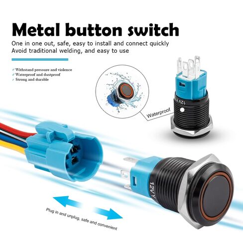 2 Pcs Bestgle 16mm Latching Push Button Switch 12V DC On Off Black Shell with LED Angel Eye Head Wire Socket Plug Self-Locking (Yellow/Black Shell) in Saudi Arabia