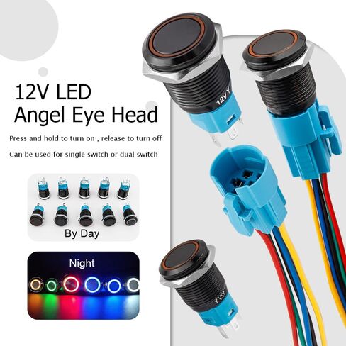 2 Pcs Bestgle 16mm Latching Push Button Switch 12V DC On Off Black Shell with LED Angel Eye Head Wire Socket Plug Self-Locking (Yellow/Black Shell) in Saudi Arabia