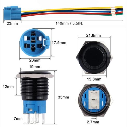 2 Pcs Bestgle 16mm Latching Push Button Switch 12V DC On Off Black Shell with LED Angel Eye Head Wire Socket Plug Self-Locking (Yellow/Black Shell) in Saudi Arabia
