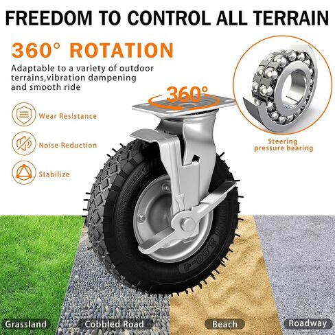 Pneumatic Casters 8 Inch 4-Pack, 2 Swivel (2 Brake) & 2 Rigid, Heavy Duty Casters 800 LBS Capacity, Rubber Wheel for Workbench, Cart, Trolley,Wagon and Shelves in Saudi Arabia