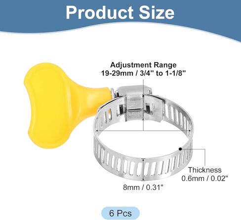 6 قطع من uxcell مشابك خرطوم من الفولاذ المقاوم للصدأ، 19-29 مم (3/4 بوصة إلى 1-1/8 بوصة) مشابك برغي إبهام قابلة للتعديل، مشابك خط الوقود، عرض النطاق الترددي 8 مم للسباكة، أصفر in Kuwait