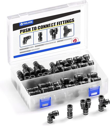 TAILONZ PNEUMATIC أسود 1/8 بوصة دفع لتوصيل التركيبات طقم تركيبات هوائية 10 سبلات + 10 مرفقين + 10 تي + 10 مستقيم (40 قطعة) in Saudi Arabia