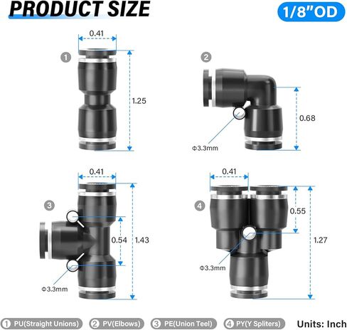 TAILONZ PNEUMATIC أسود 1/8 بوصة دفع لتوصيل التركيبات طقم تركيبات هوائية 10 سبلات + 10 مرفقين + 10 تي + 10 مستقيم (40 قطعة) in Saudi Arabia