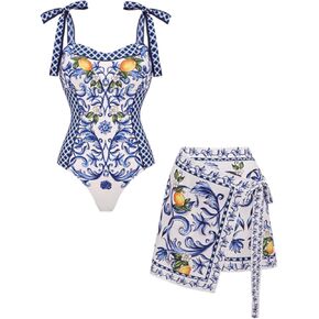 FLAXMAKER Women's One Piece Bowknot Tie Shoulder Adjustable Swimsuit Lemon Printed Swimsuit Skirt/Sarong in Kuwait