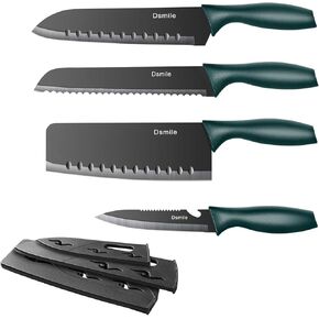 Dsmile 4 PCS Kitchen Knife Set,Black Stainless Steel Knives with Knife Covers,Non-Stick Coated Stainless Steel Blades for Cutting,Slicing & Dicing in Kuwait