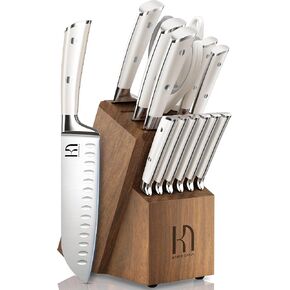 Knife Set Premium, Japanese 15 Pcs High Carbon Stainless Steel Kitchen Knife Block Set with Sharpener, Razor Sharp Knives Set for Kitchen with Natural Wood Block, Long-Lasting Edge in Saudi Arabia
