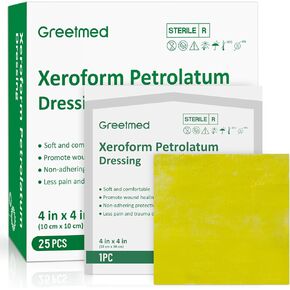 Greetmed Xeroform Petrolatum Dressing 2inx2in 25 حزمة فردية من ضمادات الجروح، وسادات شاش غير ملتصقة للجروح، وحروق السماكة الجزئية، والتمزقات، وترقيع الجلد، والمواقع المتلقية، والجروح المخيطة in Kuwait