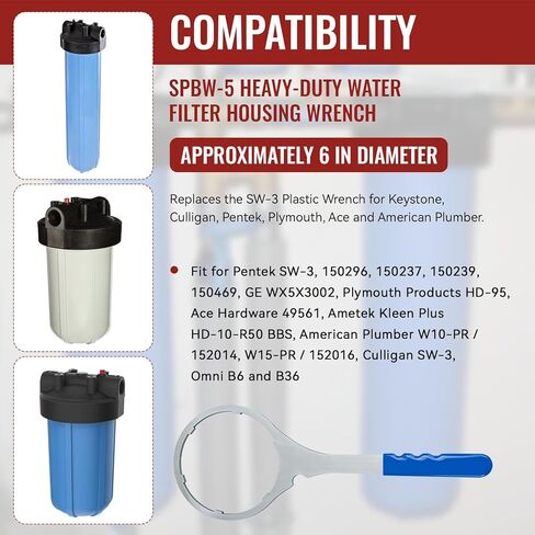 مفتاح ربط فلتر المياه SPBW-5 شديد التحمل 5.93 بوصة، مفتاح فلتر المياه SW-3 لاستبدال فلتر المنزل بالكامل لمفاتيح Pentair Pentek 150296 البلاستيكية، متوافق مع Culligan وPentek وPlymouth in Kuwait