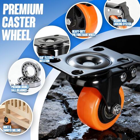 مجموعة عجلات 2 بوصة مكونة من 4 عجلات، عجلات صغيرة من البولي يوريثان بقفل مزدوج 150 رطل لكل منها، عجلات دوارة 360 درجة للأثاث والعربة ومنضدة العمل - هادئة وناعمة وآمنة على الأرض in Kuwait